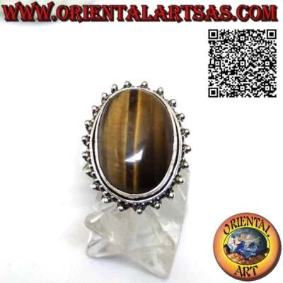 Anello in Argento 925‰ con occhio di tigre ovale grande a cabochon contorno a pa - Immagine 1 di 4