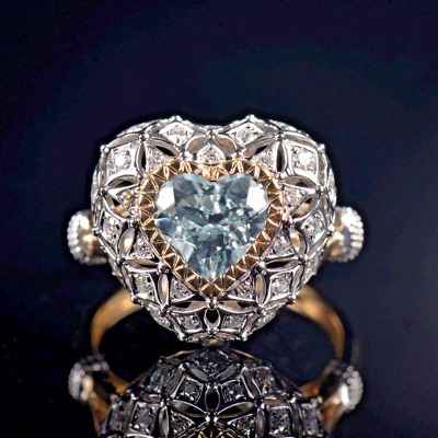 Anillo Reteo Plump Precioso Corazón Aguamarina Diamante Natural Mujer Oro 14k 2 Tonos Foto 1 de 4