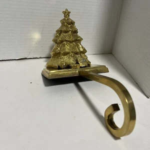 Brass Stocking Holder Christmas Tree Long Arm Vtg 3D Mantel Hanger - Picture 1 of 6