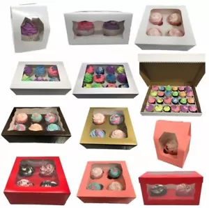 Windowed Cupcake Boxes for 1, 2, 4, 6, 12 & 24 Cup Cakes - ANY COLOUR ANY AMOUNT - Picture 1 of 13