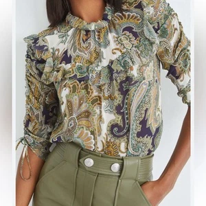 Veronica Beard 4 Howell Silk Blouse Paisley Ruffle Romantic Victorian S Green - Picture 1 of 14