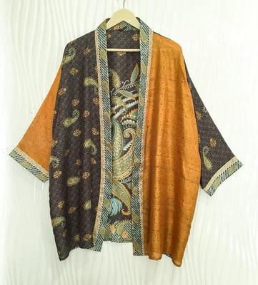 Jaqueta cardigã curta de seda pura quimono espanador capa roupão solto cinza KMS3723 - Imagem 1 de 4