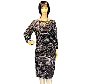 LAUREN RALPH LAUREN DRESS BLACK AND WHITE RUCHED WAIST 3/4 SLEEVE SIZE 10 LINED - Picture 1 of 13