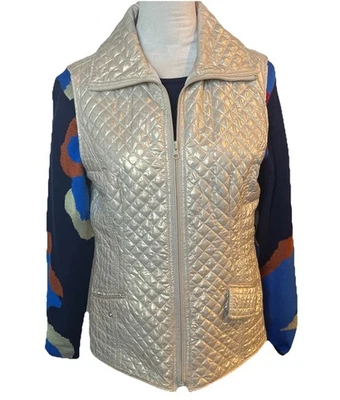 Peck & Peck Women's Medium Lightweight Gold Quilted Zippered Vest Snap Pockets - Image 1 of 4