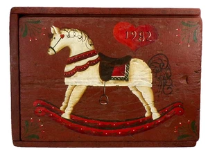 Candle Box Wooden Sliding Lid Folk Art Rocking Horse Hand Paint Country WAD 1982 - Picture 1 of 11