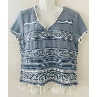 Pullover DREW Mujer Azul Texturizado Rayas Cuello en V Flecos Dobladillo Inferior Mediano  Foto 1 de 4