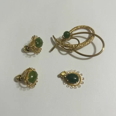 Beautiful Vintage Sorrento Jade Stone 12k Gold Filled Gf Filigree Set Lot 4 - Image 1 of 2