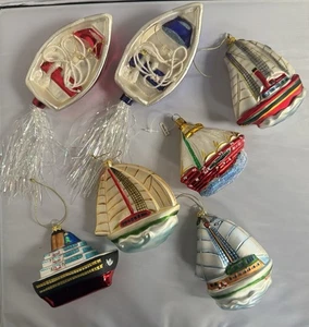 New Lot Of 7 Handblown Glass Ship, Sailboat Xmas Ornaments Coastal Ocean - Picture 1 of 11