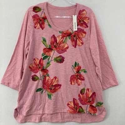Nuevo Top Chico's Talla XL/3 Rosa Rojo Floral Algodón Slub Elástico Tejido Manga 3/4 Foto 1 de 4
