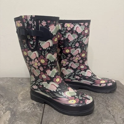 Botas de lluvia Western Chief de goma para mujer talla 8 azul marino multicolor floral usadas en excelente estado Foto 1 de 4