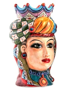 Scultura testa di Moro donna in ceramica siciliana vaso fatto a mano in Italia - Imagen 1 de 9