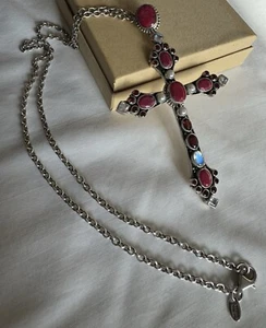 Nicky Butler Sterling Silver Ruby Pearl Garnet Moonstone Cross Pendant w/Chain - Picture 1 of 8