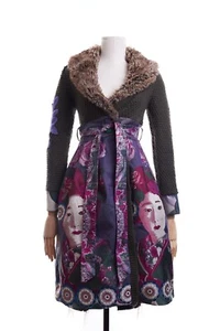 Rare Desigual Coat Short w/ Japanese Geisha Faces Knit Bodice Belt Fun Fur 36 - Picture 1 of 12