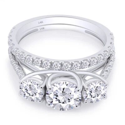 Juego de anillos nupciales de oro de 14 quilates con diamantes de corte redondo de tres piedras de 2 quilates con certificación IGI Foto 1 de 4