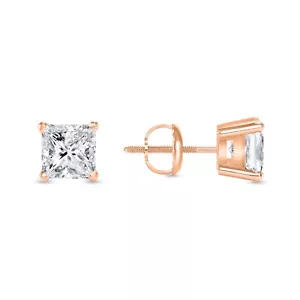 1 Ct Princess Lab Created Grown Diamond Earrings 14K Rose Gold F/VS Basket Screw - Picture 1 of 3