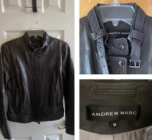Andrew Marc Motorcycle Jacket Womens Medium Leather Biker Dark Gray Slate - Picture 1 of 22