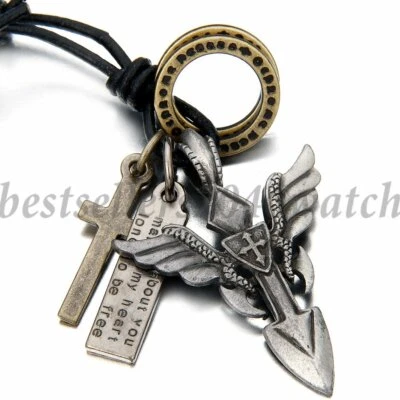 Mens Womens Vintage Cross Angel Wings Dog Tag Pendant Necklace Leather Cord - Image 1 of 4