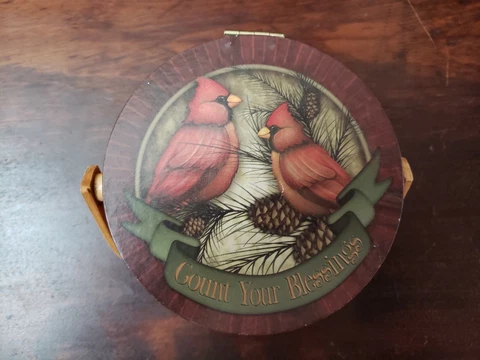 Small Basket With Wood Lid Hand Painted Red Cardinal Birds Cover