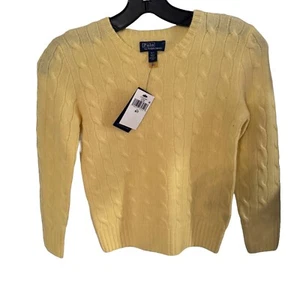 Polo Ralph Lauren bambino 100% CASHMERE maglione maglia cavo giallo unisex nuovo con etichette taglia 6-7 - Foto 1 di 13