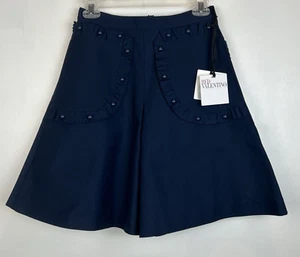 Red Valentino Shorts Womans 4 Navy Blue 38 Ruffle Buttons Pockets Zip Flare Read - Picture 1 of 14
