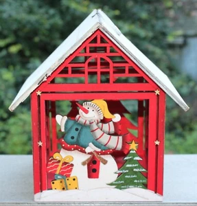 Schneemann Holzhaus Leucht Windlicht LED Teelicht Kerze Weihnachtsdeko - Bild 1 von 8