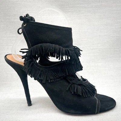 Aquazzura Womens 39/ 9 Sexy Fringe Gladiator Sandals Shoes Black Suede Tie Heels - Image 1 of 4