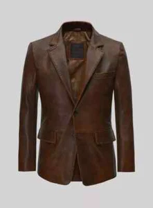Men's Leather Blazer Coat Classic Vintage Jacket Real Leather Two tone Brown - Picture 1 of 4