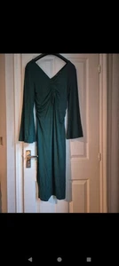 Asos Dark Bottle Green Maternity Dress Size 14 Long Flute Sleeves Midi Length - Picture 1 of 4