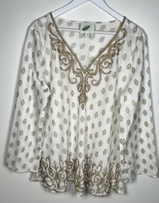Top túnica Nurture para mujer talla XL blanco y dorado adornado 100 % algodón cuello en V Foto 1 de 4
