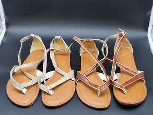 2 Pairs Merona Ankle Strap Gladiator Flat Thong Sandals Brown and Beige size 5.5 - Picture 1 of 6