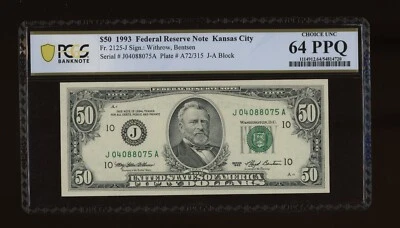 DBR 1993 $50 FRN Kansas City Fr. 2125-J PCGS-B 64 PPQ Serial J04088075A - Image 1 of 2