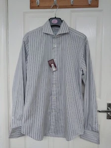 BNWT Luxury TM Lewin Mens Grey Stripe Slim Fit Shirt French Cuff 15.5 Collar - Picture 1 of 7