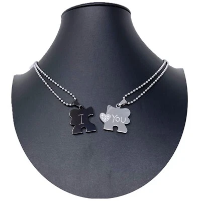 Puzzle Argento Nero Ciondolo Spezzato 2x Collana Acciaio Uomo Donna Amici A21 - Immagine 1 di 2