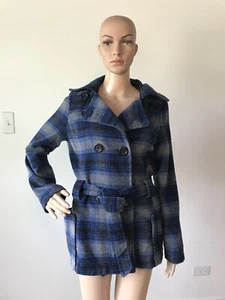 JouJou Blue and Gray Plaid Wool Blend Coat Jacket Matched Belt Double Breasted M - Picture 1 of 12