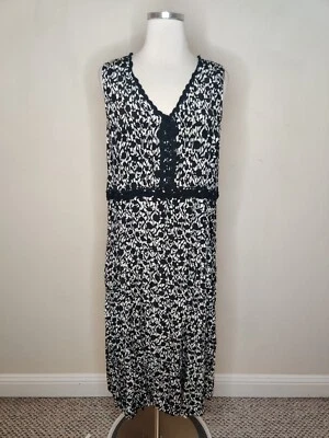 Vestido Floral de Seda Susan Bristol Talla 14 Sin Mangas Midi Borde Crochet Negro Blanco Foto 1 de 4