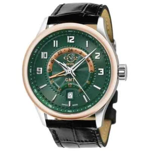 Gv2 By Gevril Men's 42304 Giromondo Green Dial Leather Date Swiss Made GMT Watch - Picture 1 of 10