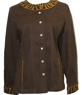 Quacker Factory Brown Twill Jacket Animal Print Rhinestones Trim Pockets NWT 8 - Image 1 of 4