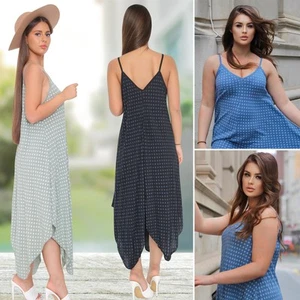  Womens Italian Spotted Print Strappy Hanky Hem Dress V Neck Sleeveless Summer - Picture 1 of 20