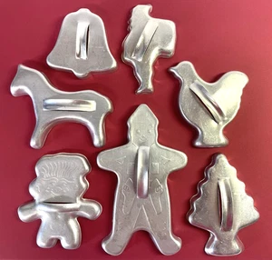 VTG Aluminum Cookie Cutters 7 Gingerbreadman Santa Bell Tree Horse Chicken Troll - Picture 1 of 8