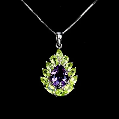925 Sterling Silver Necklace Pear Amethyst 10x8mm Peridot Gemstone 18 Inches - Image 1 of 4