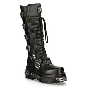 New Rock 272-S1 Black Boots Metallic Goth Knee High Zip Leather Buckle Boots - Picture 1 of 8