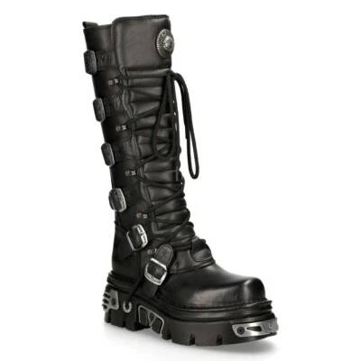 New Rock 272-S1 Black Boots Metallic Goth Knee High Zip Leather Buckle Boots - Image 1 of 4