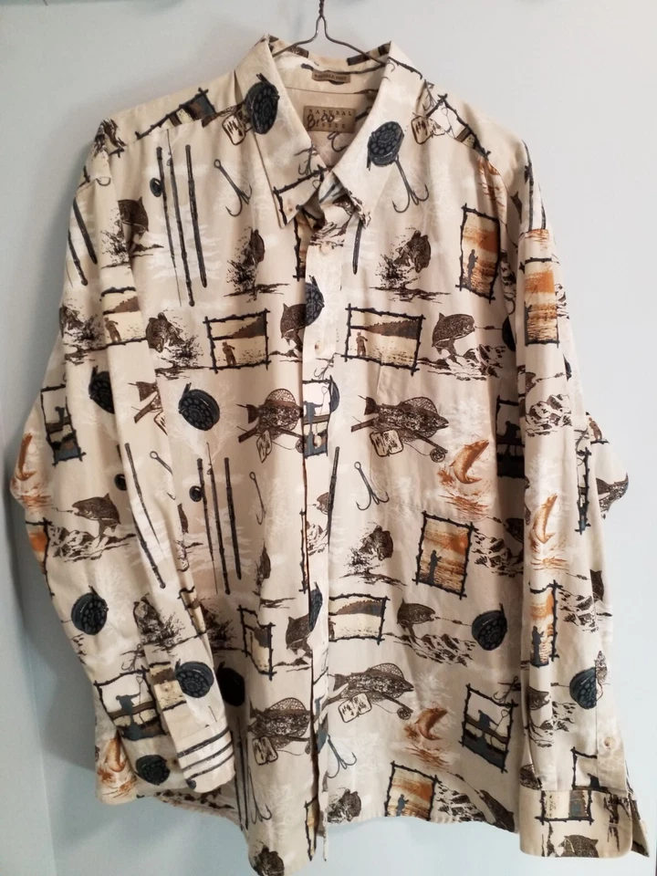 Рубашка на пуговицах повседневная мужская Natural Issue с рыбьим принтом для улицы хлопок размер XL желтовато-коричневая  - Изображение 1 из 3