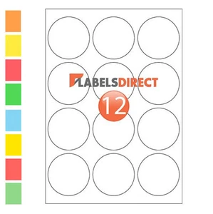 Premium 63mm Round A4 Labels. 12 per Sheet Sticky Self Adhesive Printer Labels - Picture 1 of 1