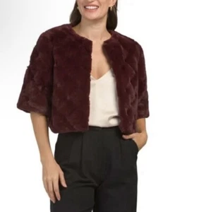 BCBG Max Azria Faux Fur Cropped Jacket - Wine Red - Picture 1 of 8