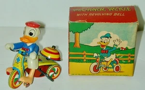 Linemar Donald Duck Mechanical Tricycle With Bell In Original Box Japan 1960s - Picture 1 of 9