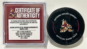 CONNOR BEDARD NICK FOLIGNO GAME USED GOAL PUCK CHICAGO BLACKHAWKS 26th ASSIST - Picture 1 of 12