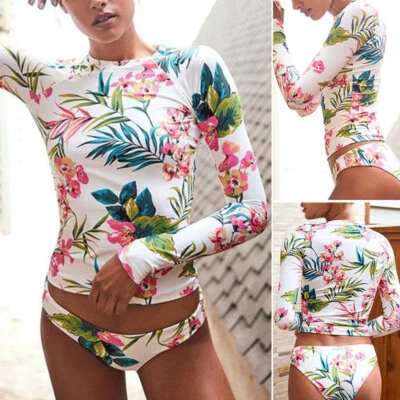 Damen Blumen Langarm Top Bademode Bikini Set Bodycon Schwimmbekleidung Badeanzug - Bild 1 von 4