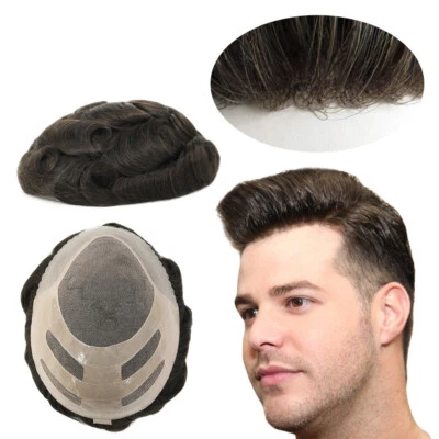 Mens Hairpiece Skin Front Fine Mono Toupee Human Hair Systems Express Shipping - Image 1 of 4