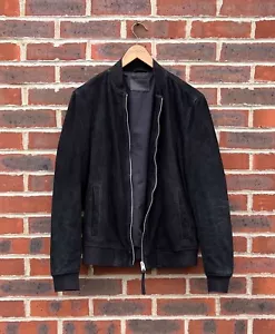 All Saints Mens RONAN Suede Bomber Jacket LARGE Black Leather Biker AllSaints - Picture 1 of 13